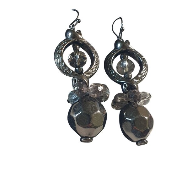 Vintage Dangle Earrings Crystal Accents Acrylic Beads Silver Finish Hook Formal - Picture 2 of 4